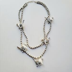 Vintage Double Strand Beaded Cat Necklace White Gray Marbled Kitty Charms Set